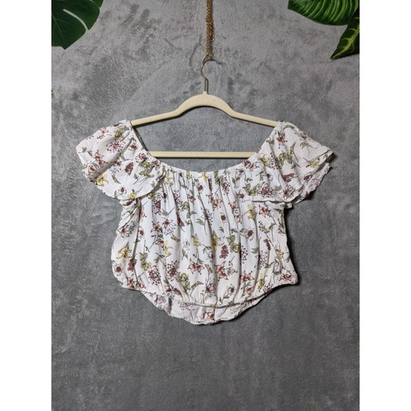 🍑XHILARATION Women 100% Rayon Knit Top Cropped Floral Multicolor MEDIUM (8-10) - Picture 6 of 11